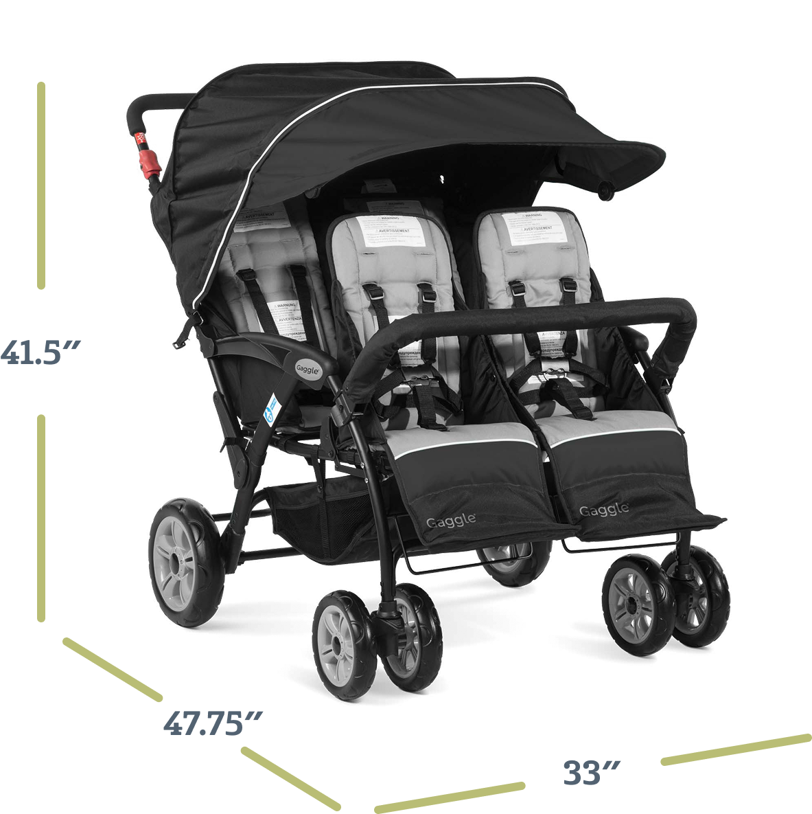 Black and gray quad stroller with dimensions 