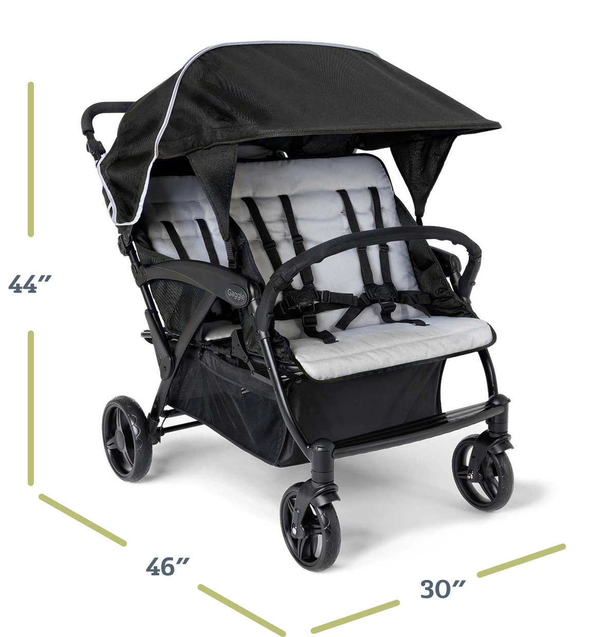 Black and gray quad stroller with dimensions