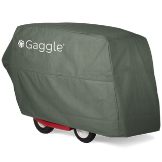 Green Gaggle branded cover on a red 6 seat buggy