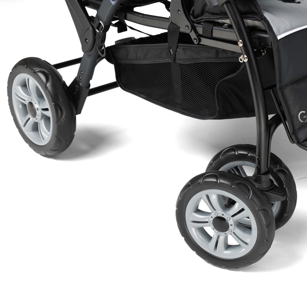 Close-up of a stroller's wheels and frame 