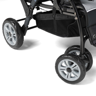Close-up of a stroller's wheels and frame 