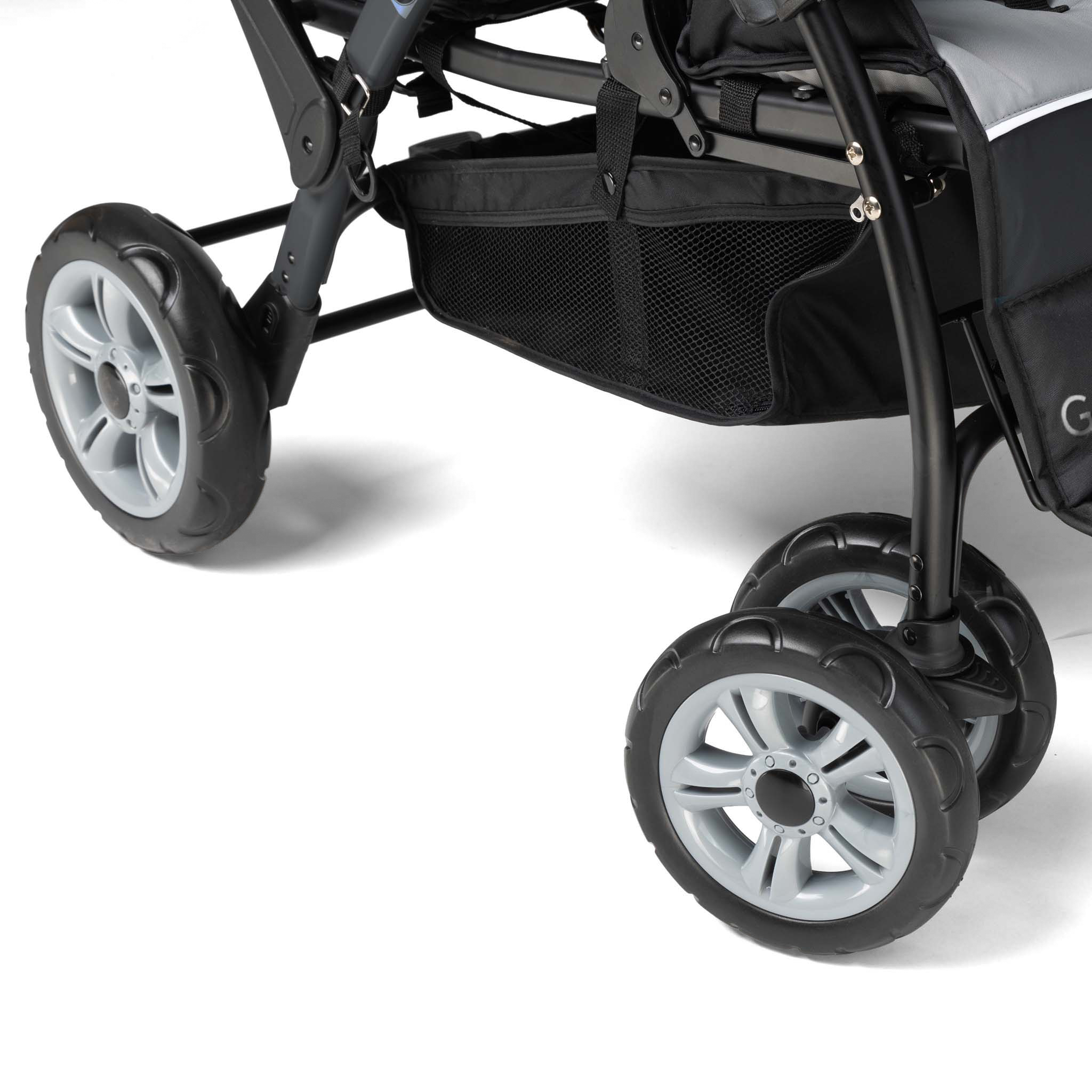 Close-up of a stroller's wheels and frame 