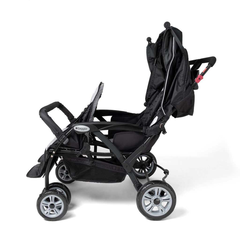 Black stroller with canopy up side view