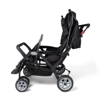 Black stroller with canopy up side view