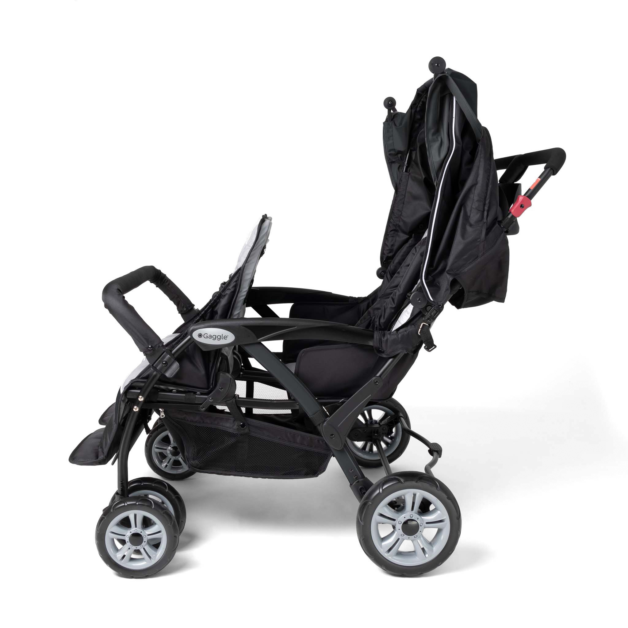 Black stroller with canopy up side view