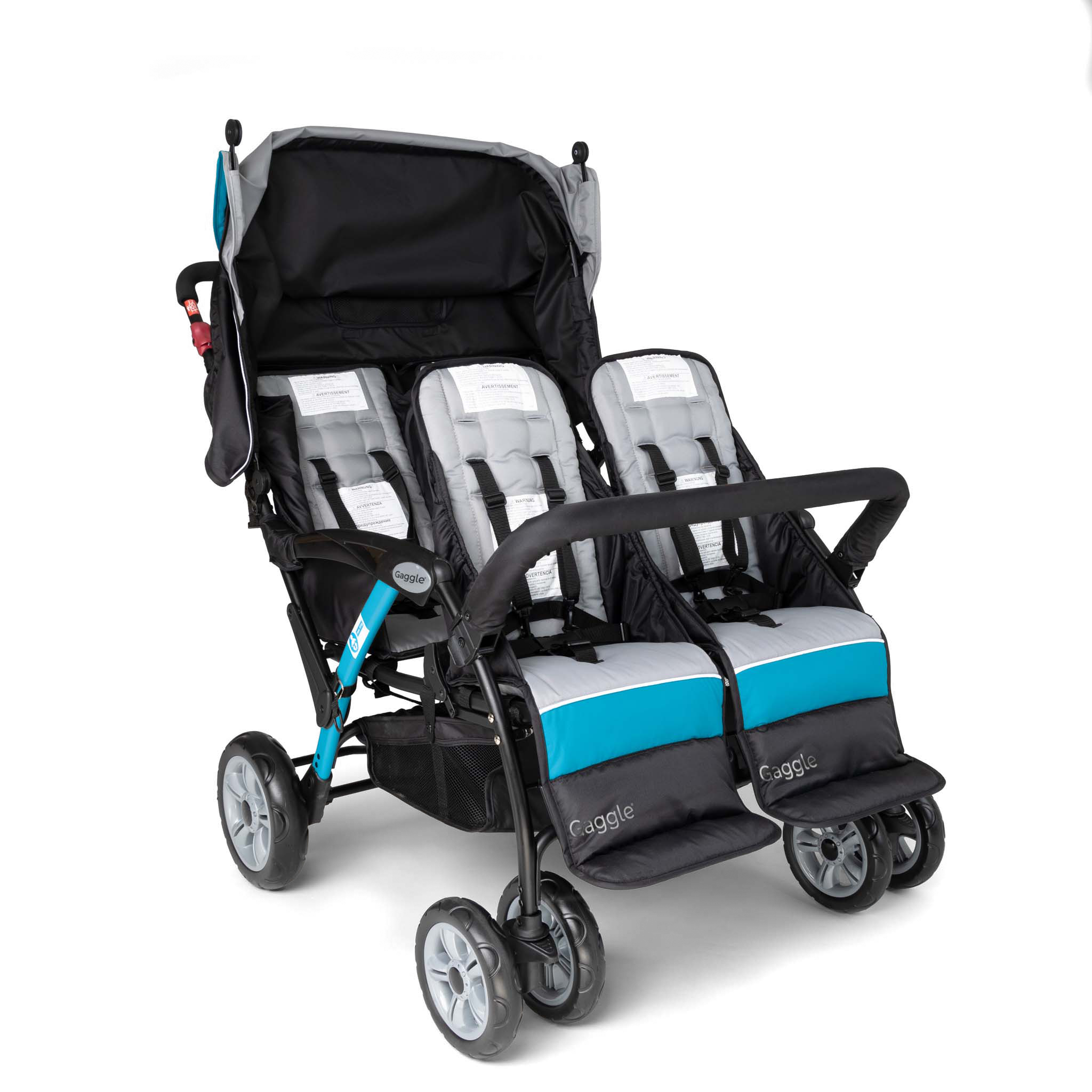 Quad stroller with black, gray, and blue with canopy up
