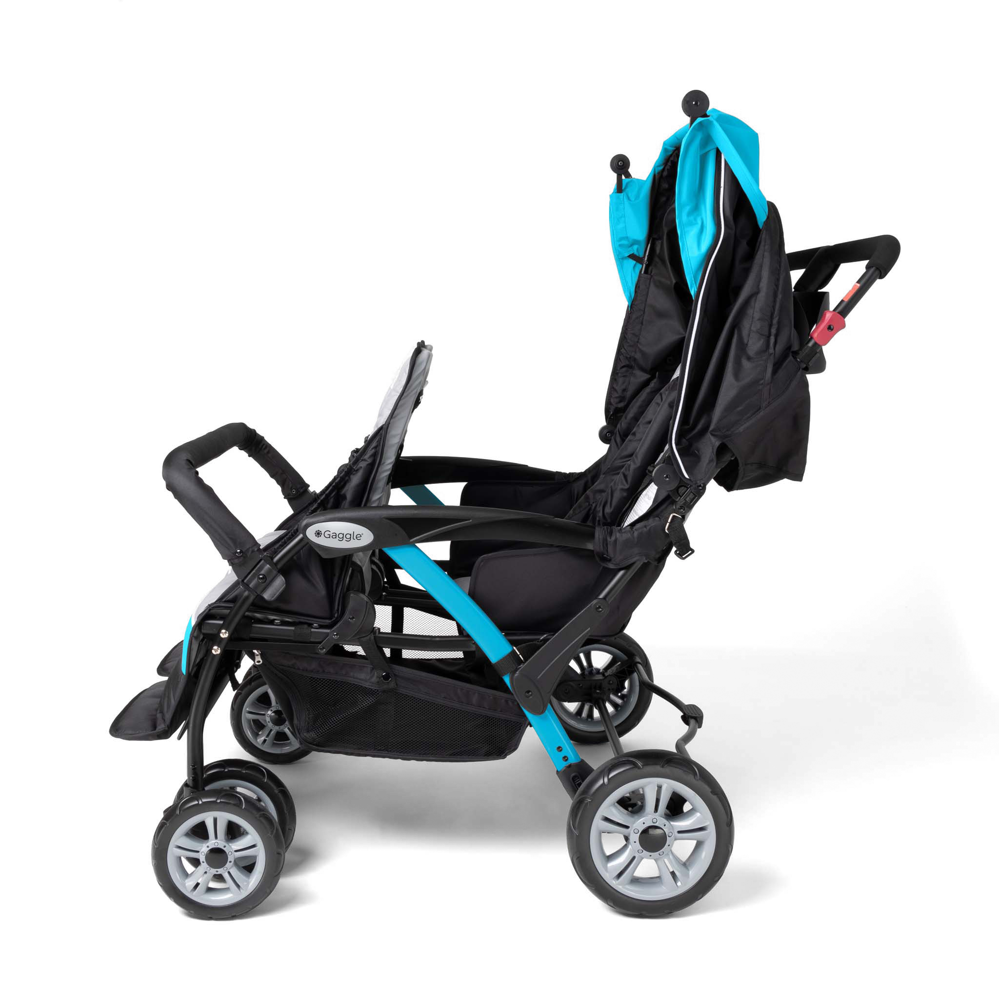 Black and blue quad stroller side view with canopy up