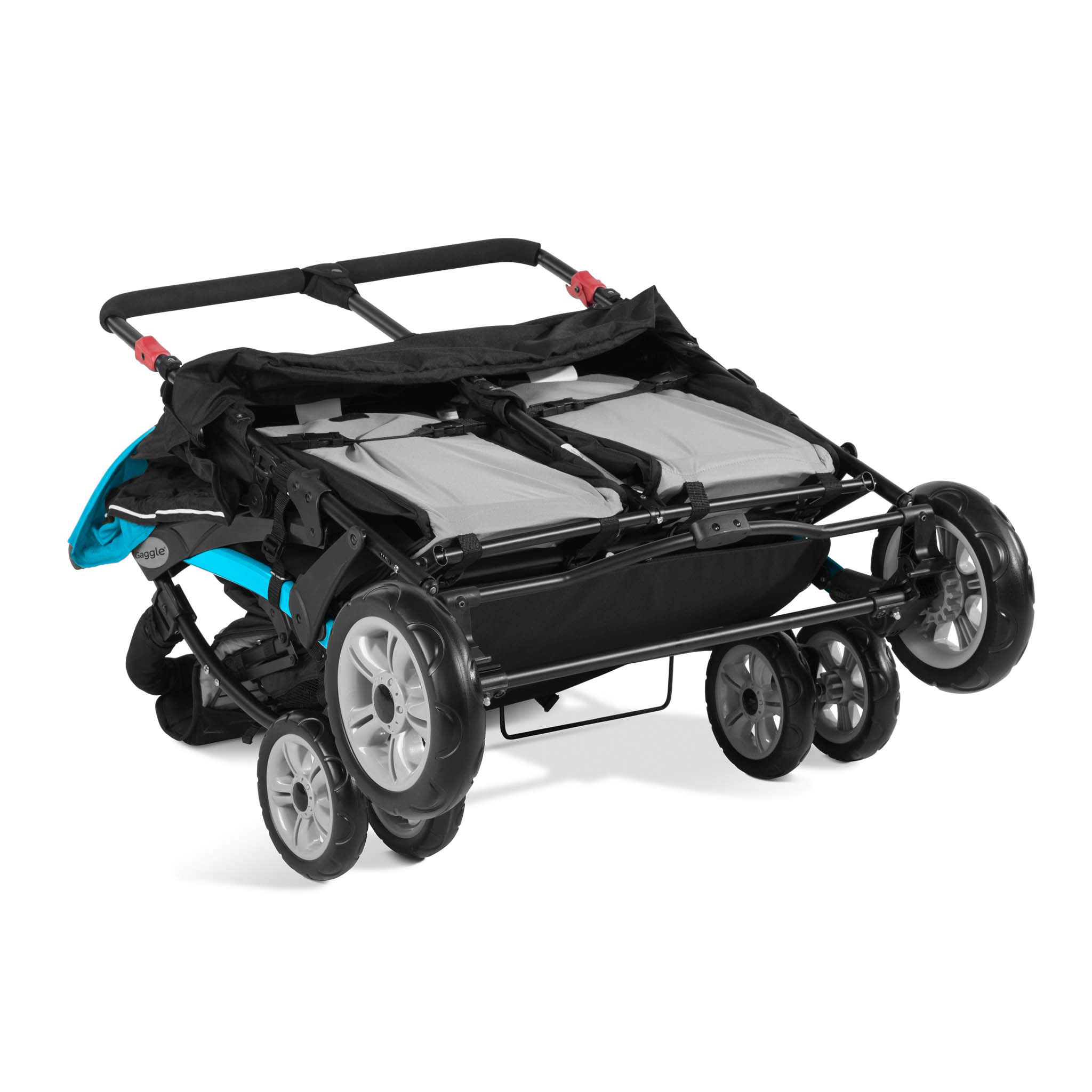 Black and blue quad stroller folded