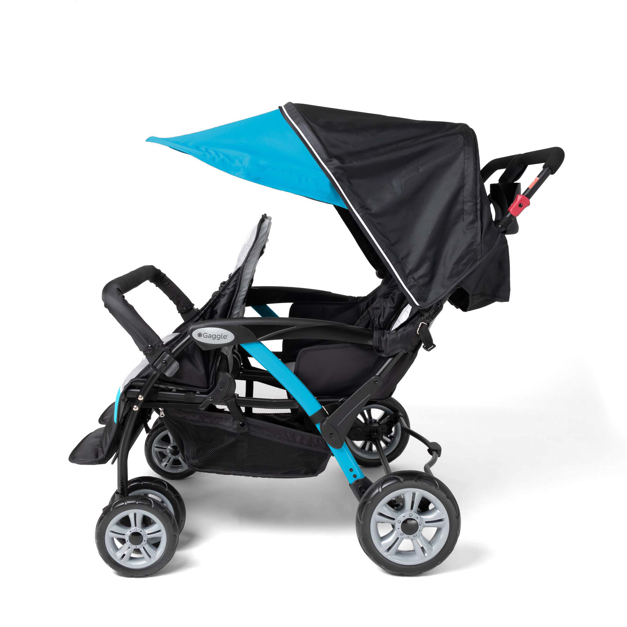 Black and blue quad stroller side view