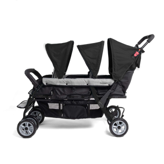 Side of triple stroller with black canopies 