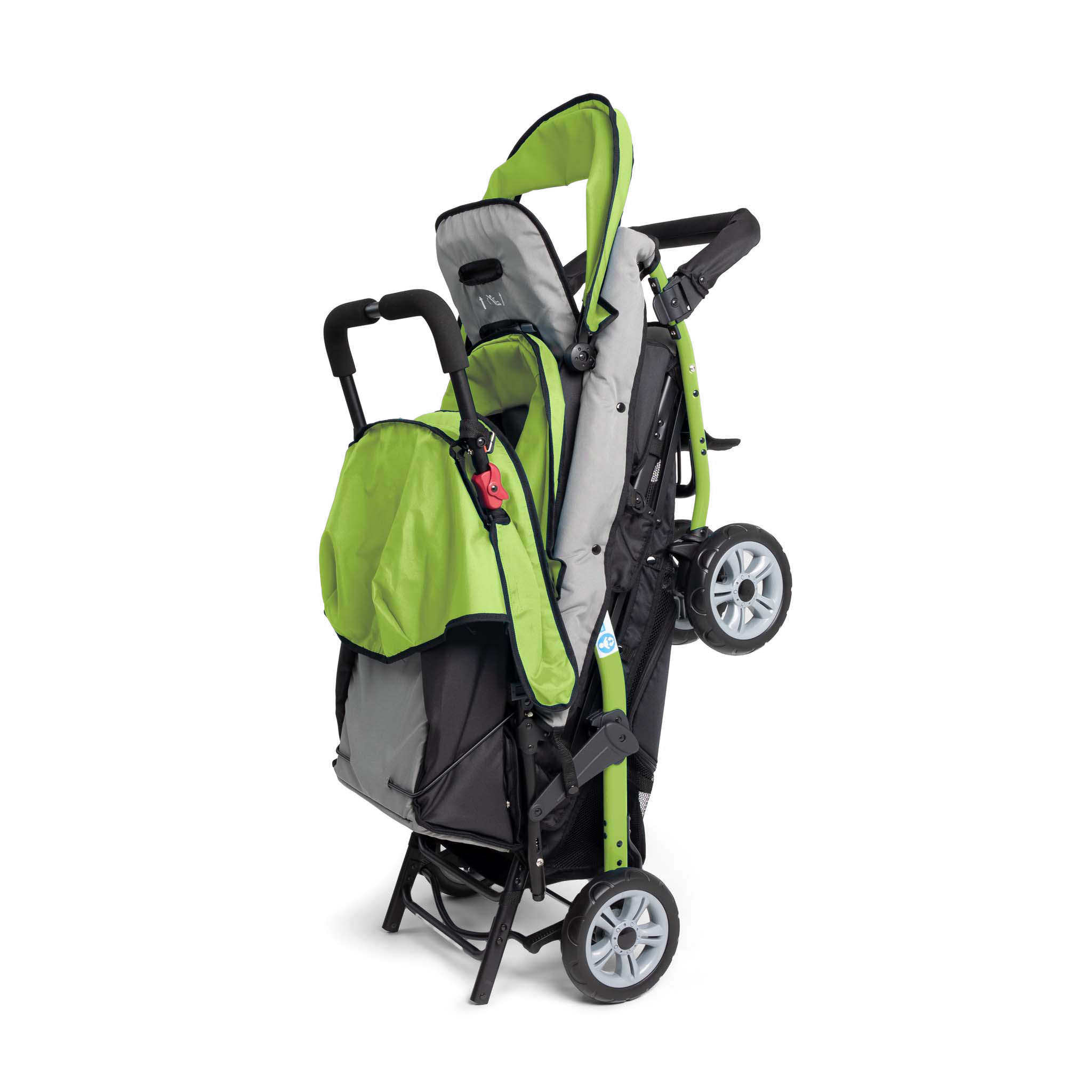 Green and gray folded triple stroller