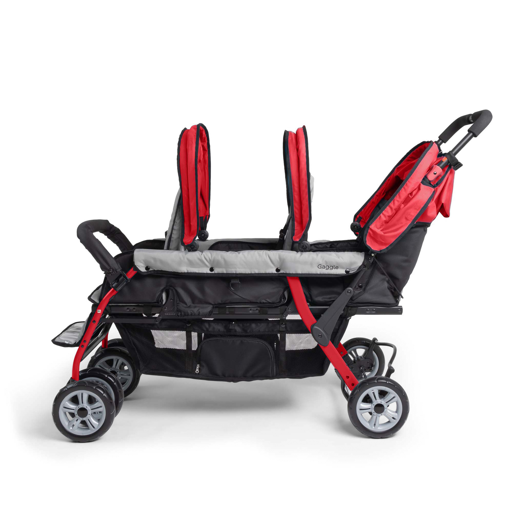 Red and black stroller with three seats and folded canopies
