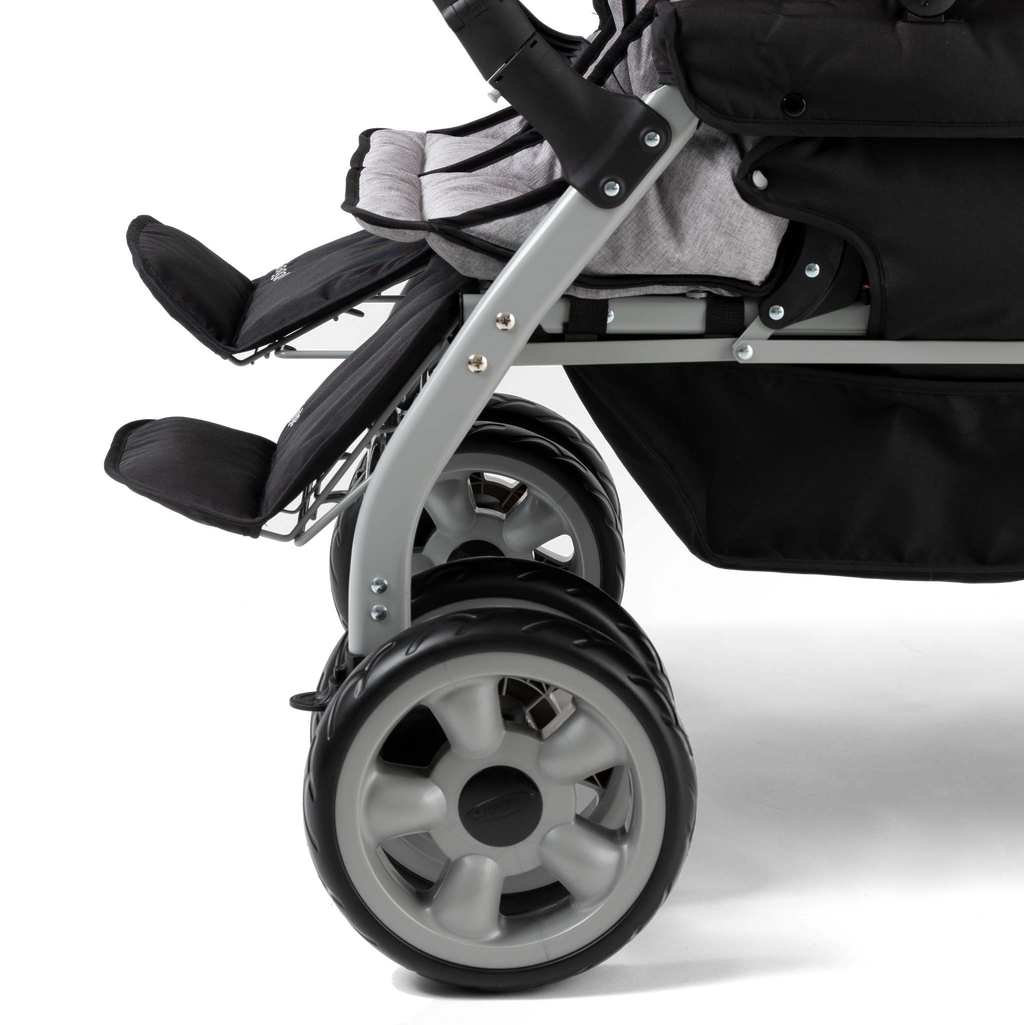 Close-up of a stroller with a focus on the footrests 