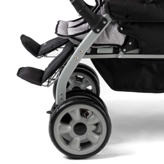 Close-up of a stroller with a focus on the footrests 