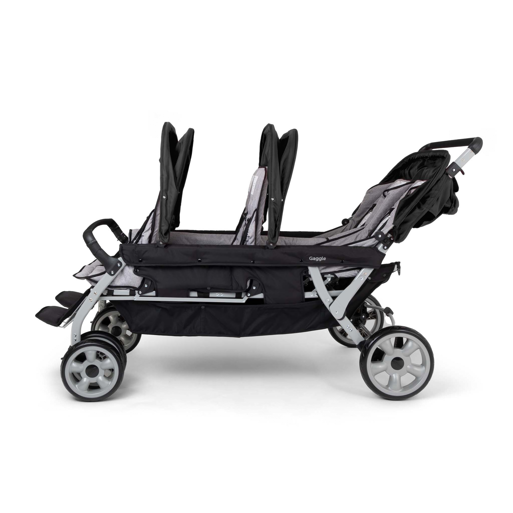 6 seat stroller with canopies open side view