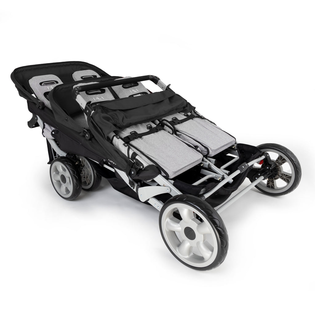 Black and gray 6 seat stroller folded