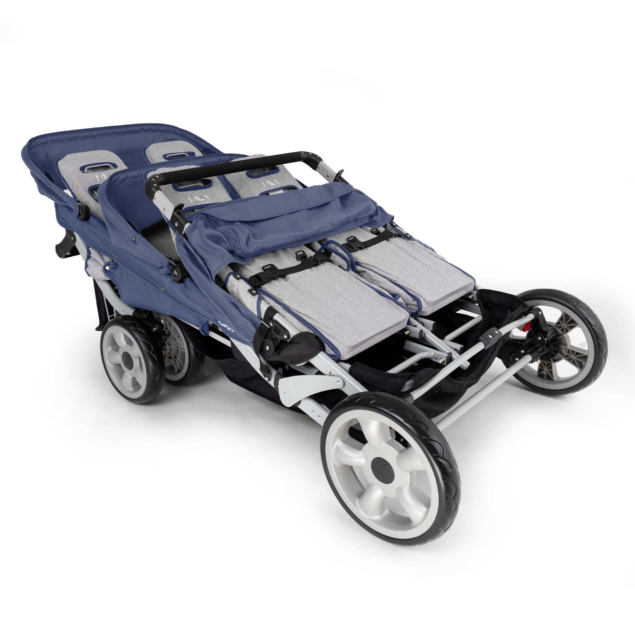 Blue and gray 6 seat stroller folded