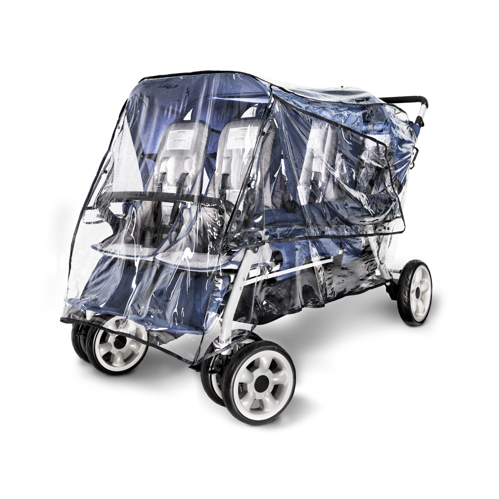 six seat stroller with a clear rain cover 