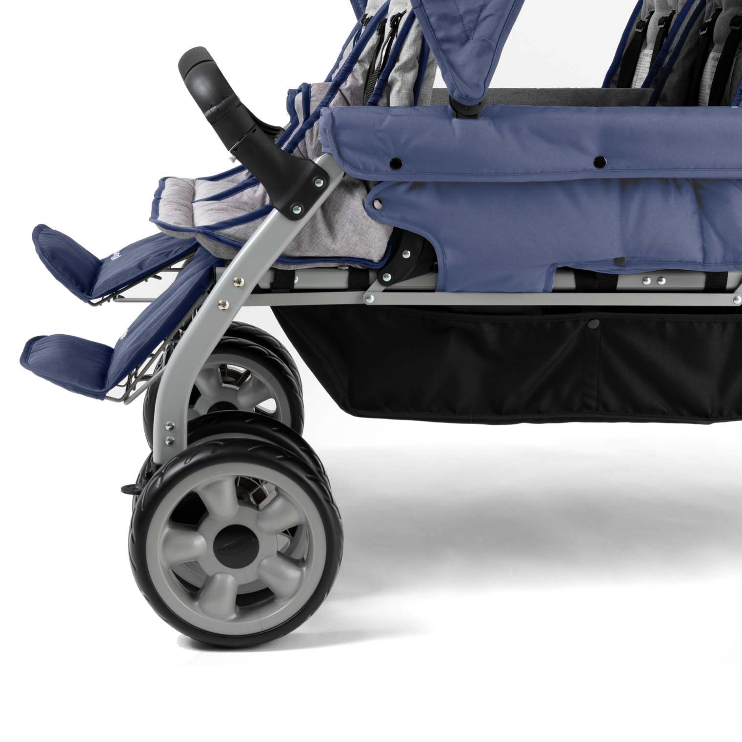 Close-up of a blue and black 6 seat stroller wheel closeup