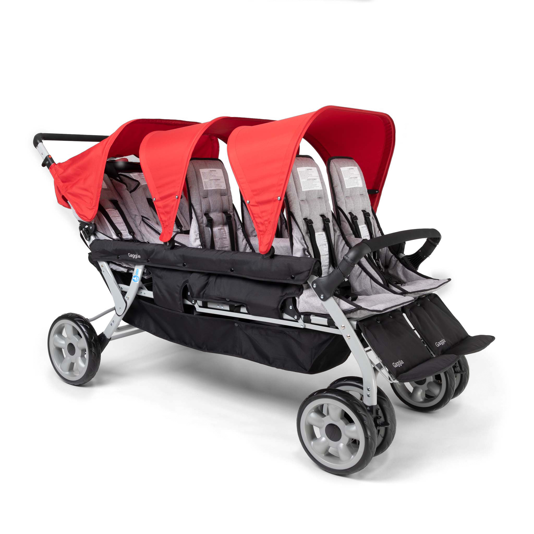 six seat stroller with red canopies 