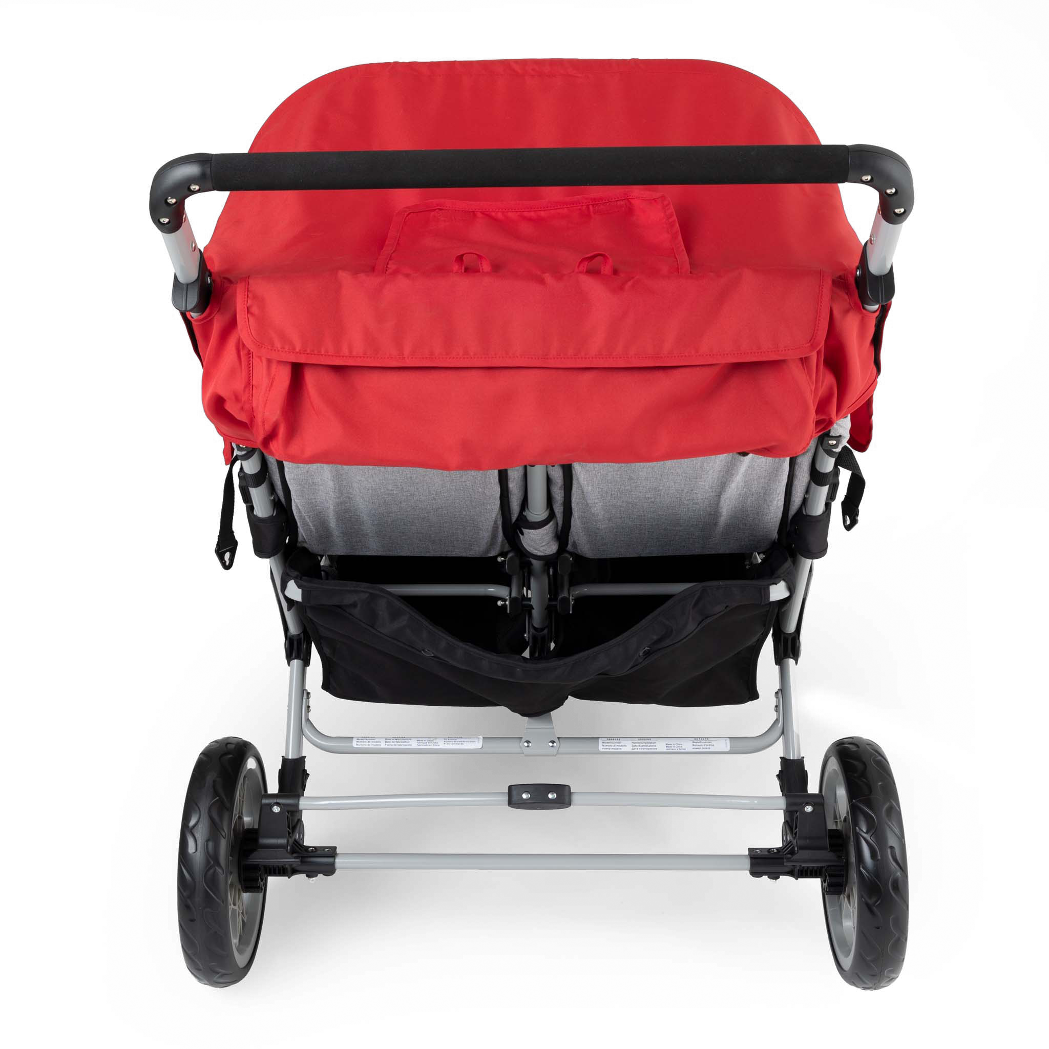 Red and gray 6 seat stroller back side storage and foot brake