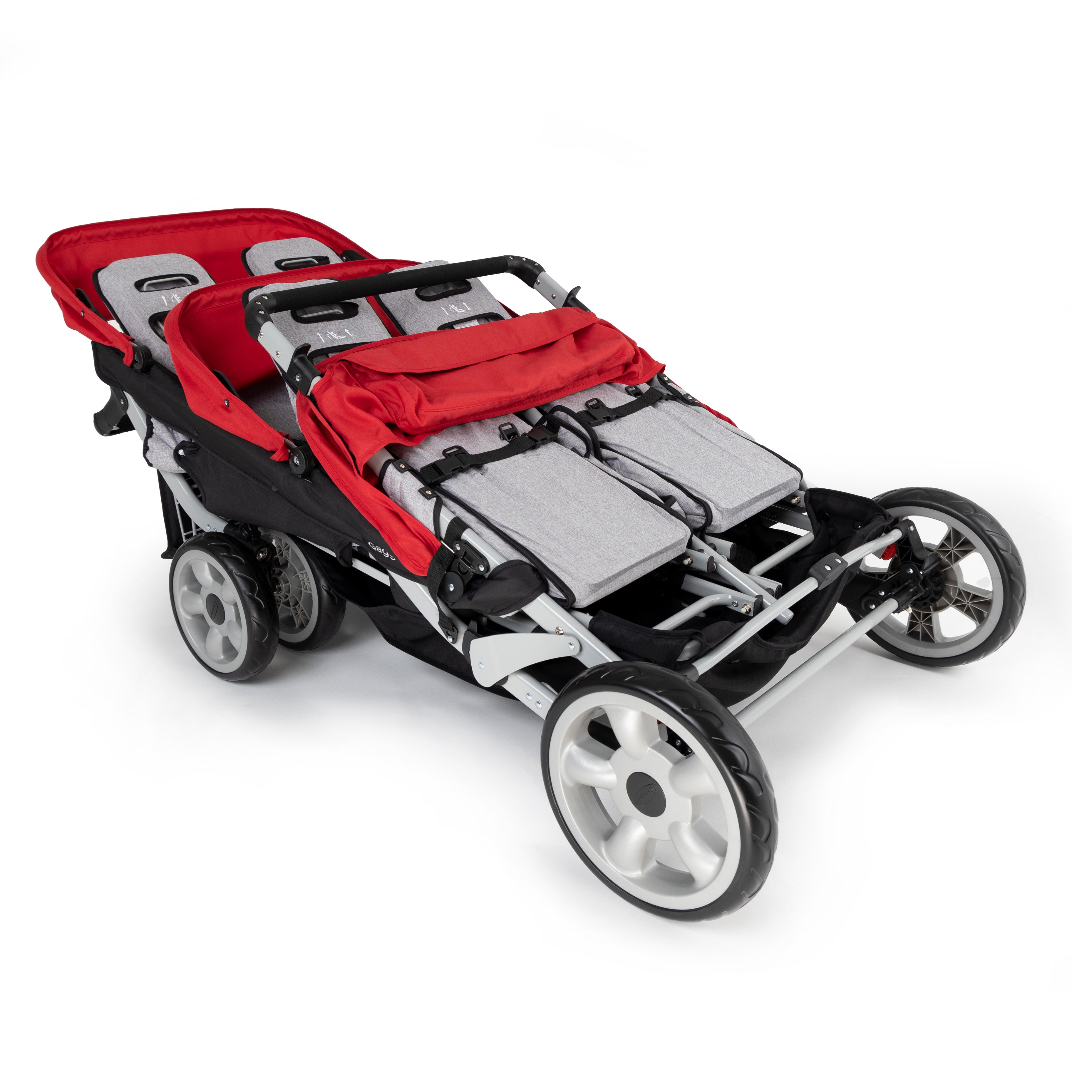 Red and gray stroller with six seats folded