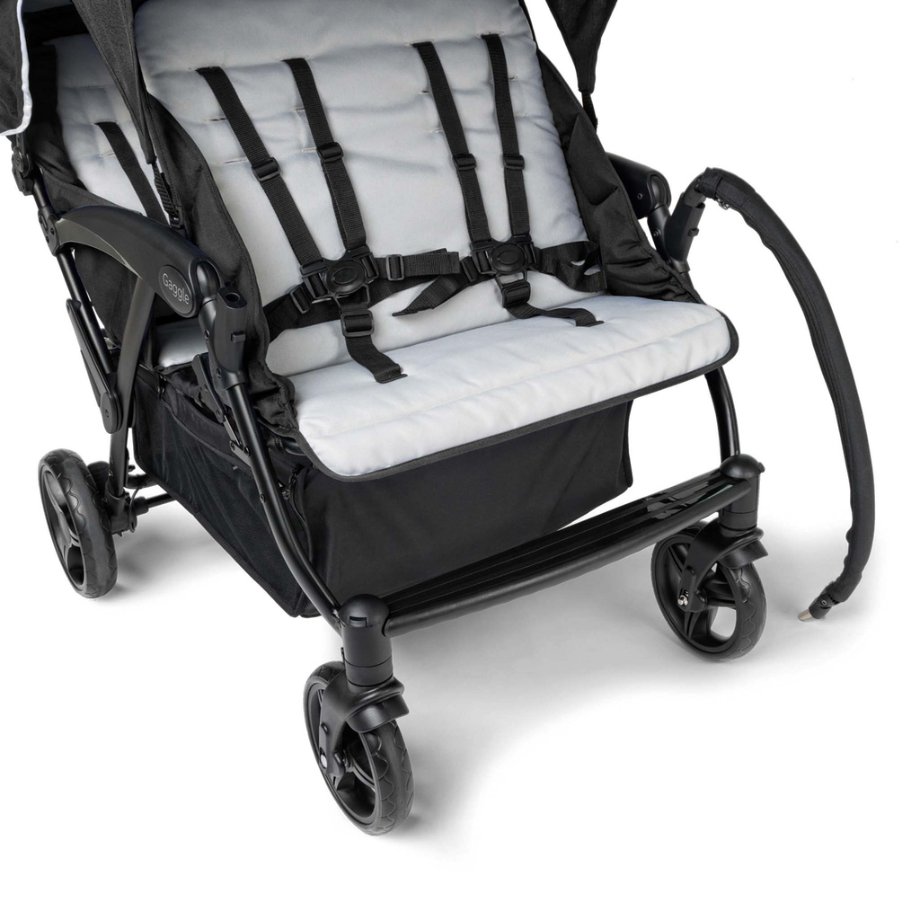 Black quad stroller with swivel arm bar