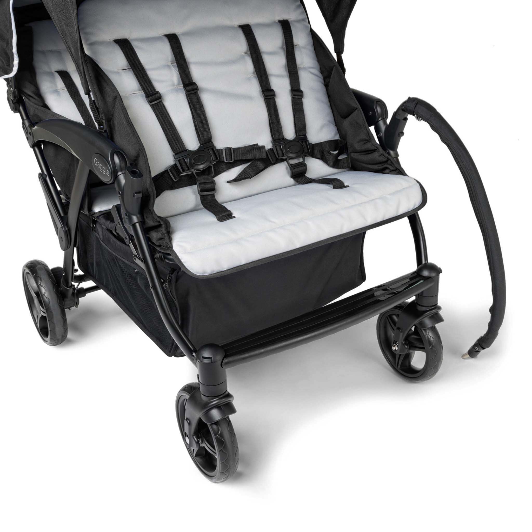 Black quad stroller with swivel arm bar
