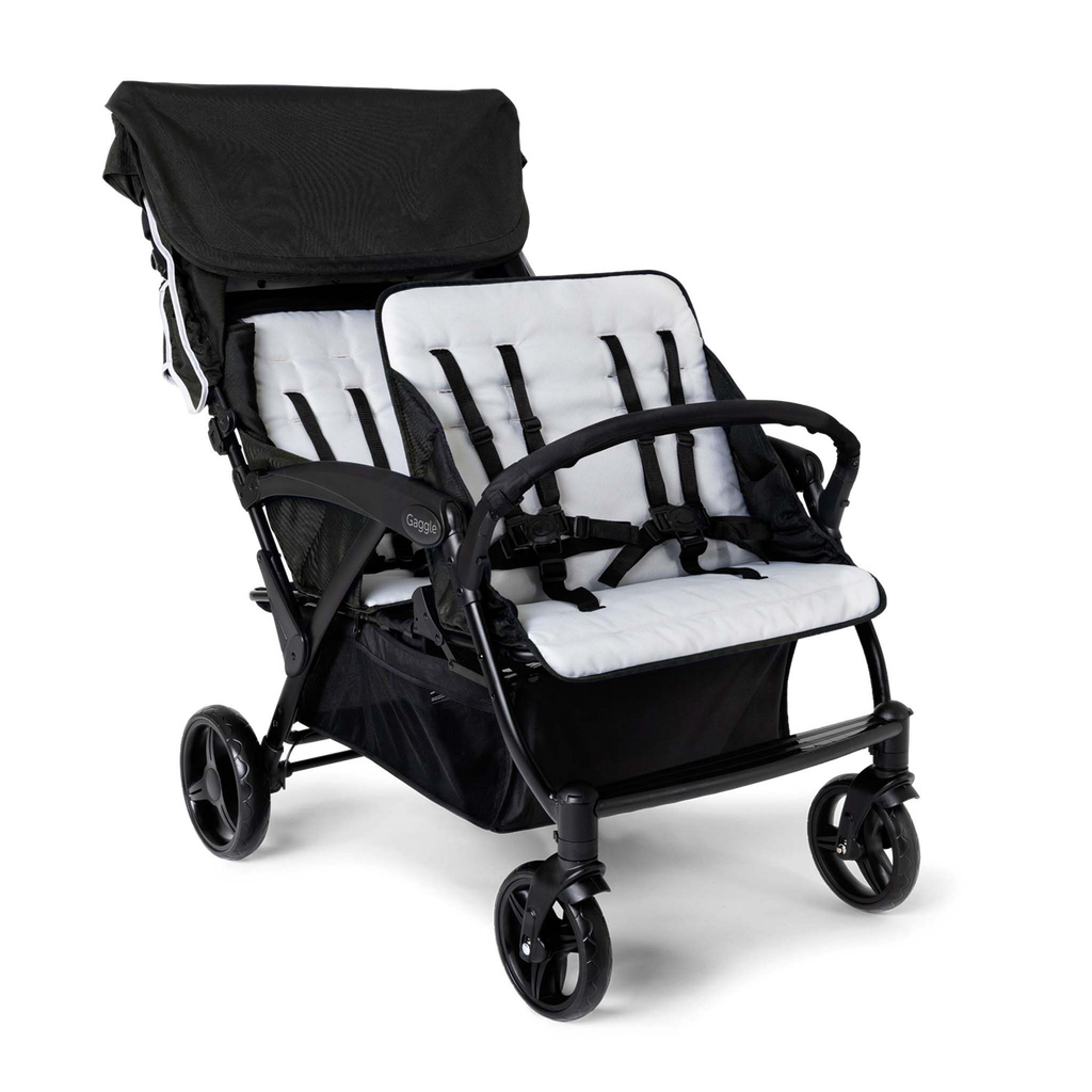 Black quad stroller with canopy up