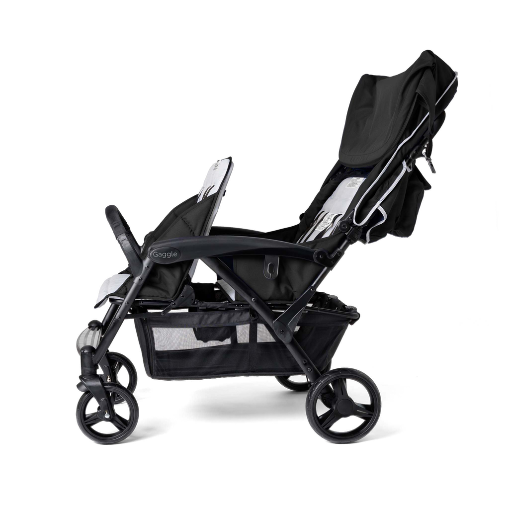 Black quad stroller with canopy open side view