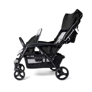 Black quad stroller with canopy open side view