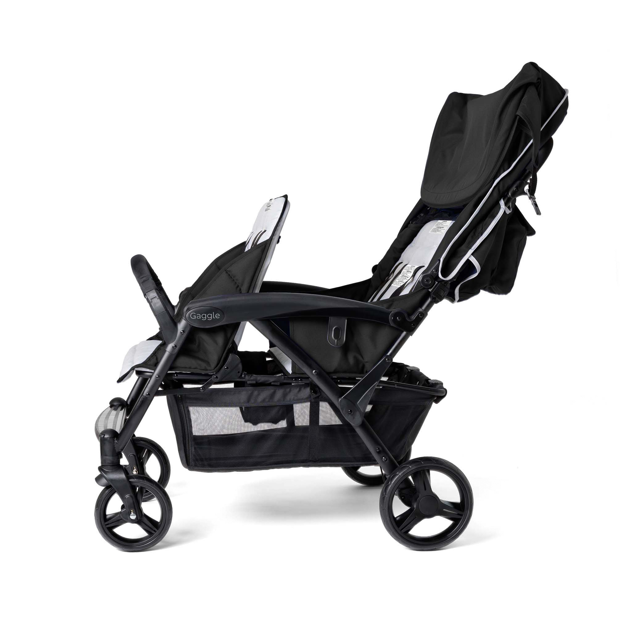 Black quad stroller with canopy open side view
