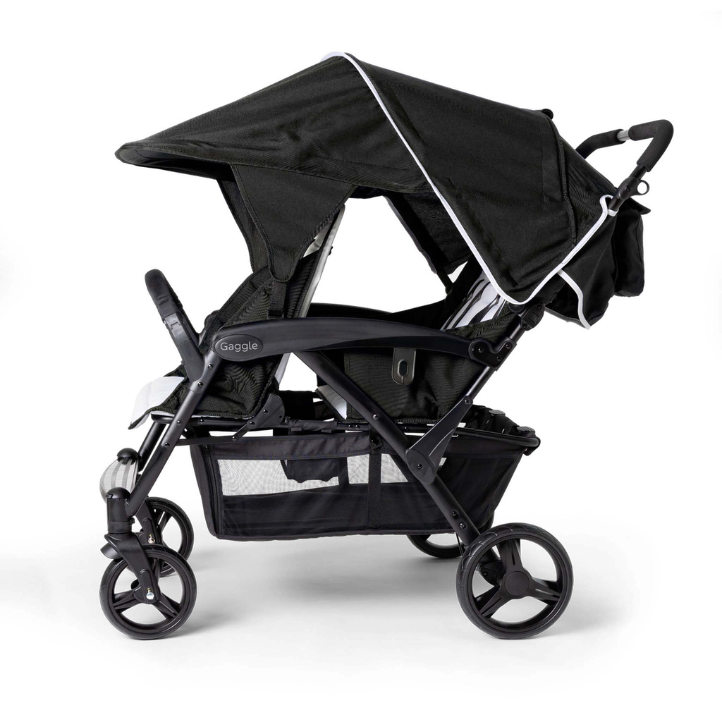 Black quad stroller with canopy side view