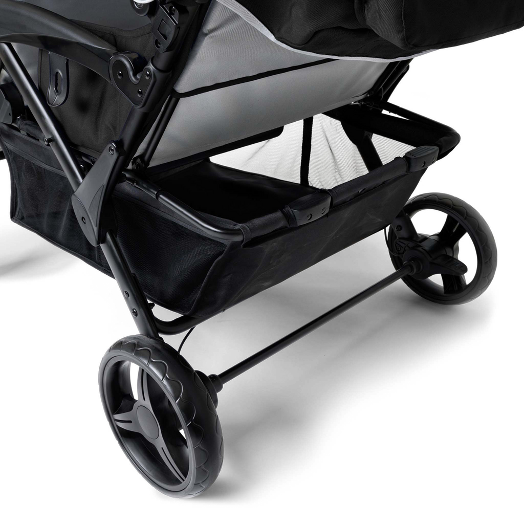 Close-up of a quad stroller storage basket