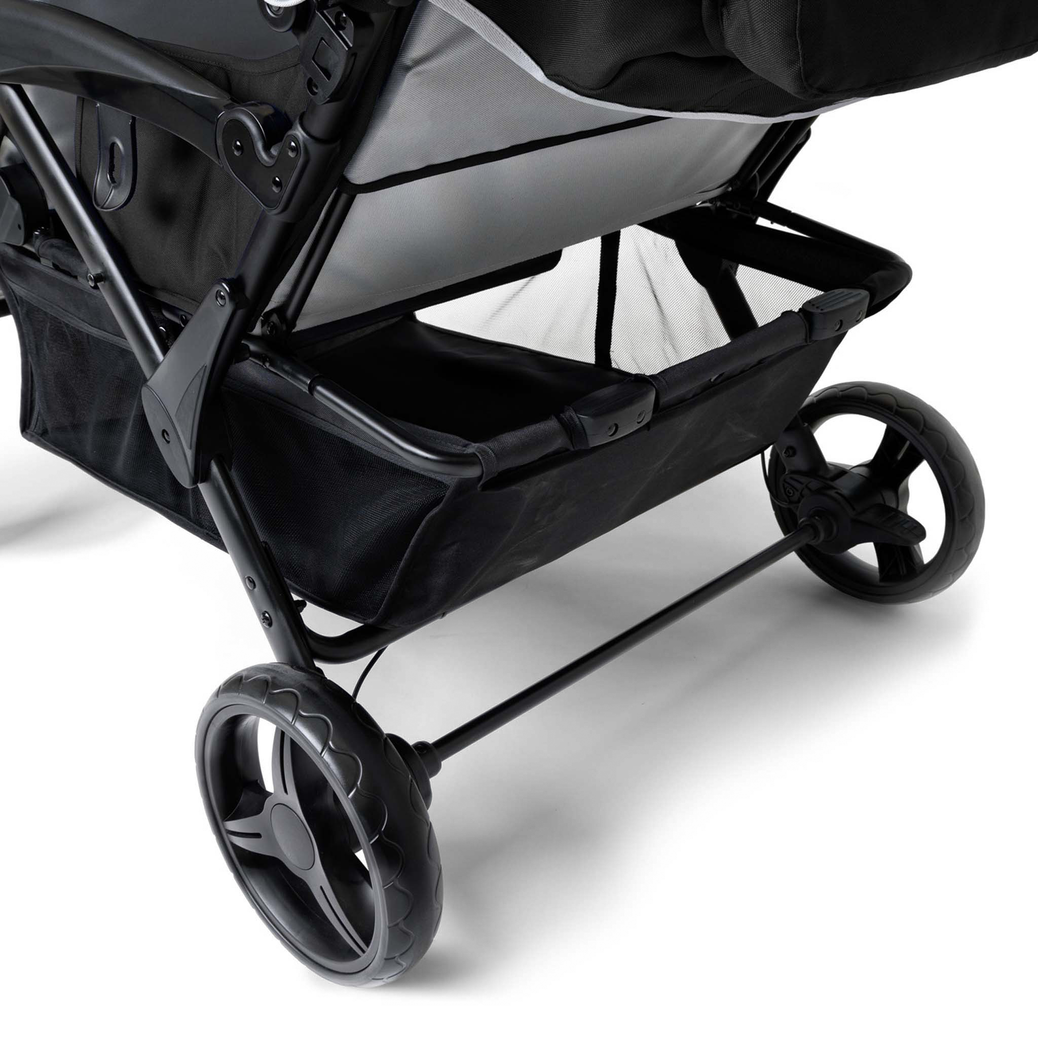 Close-up of a quad stroller storage basket
