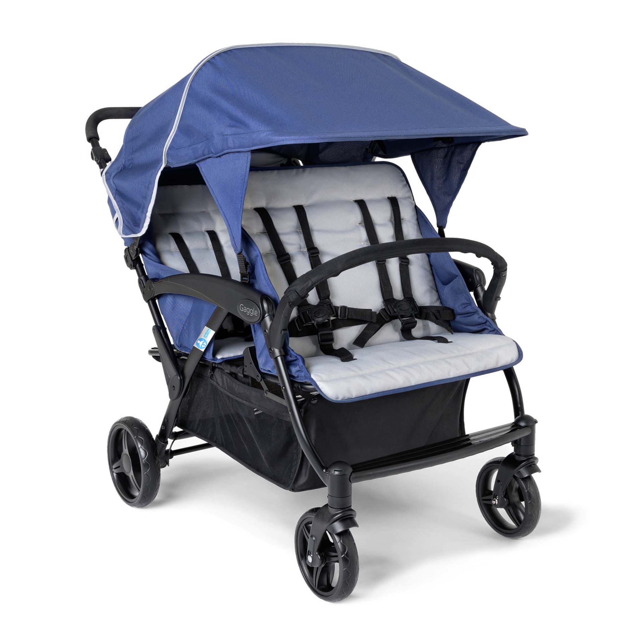 Blue and black quad stroller with canopy 