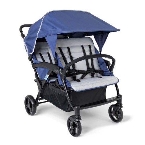 Blue and black quad stroller with canopy 