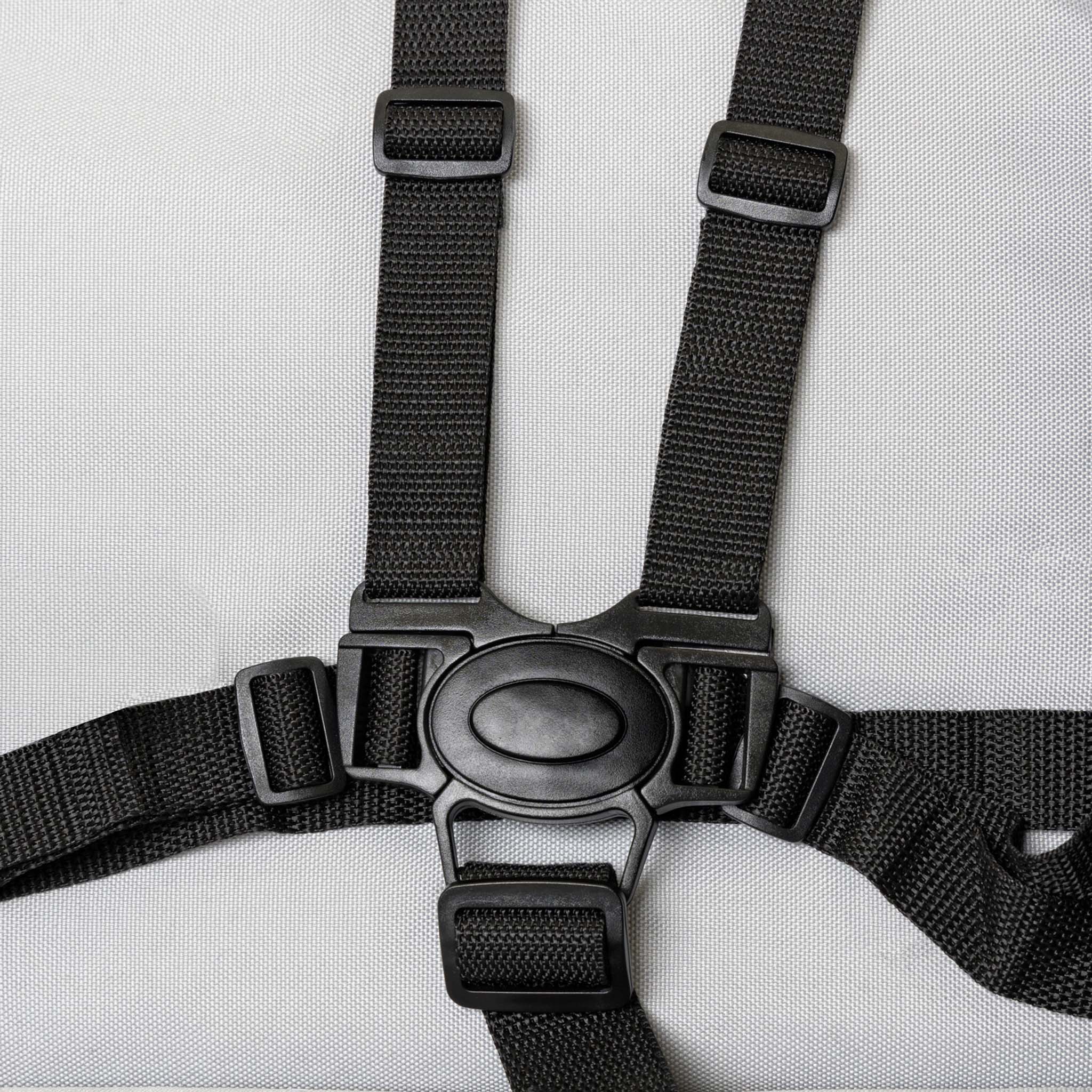 Close-up of a black harness with plastic buckles of a 4 seat stroller