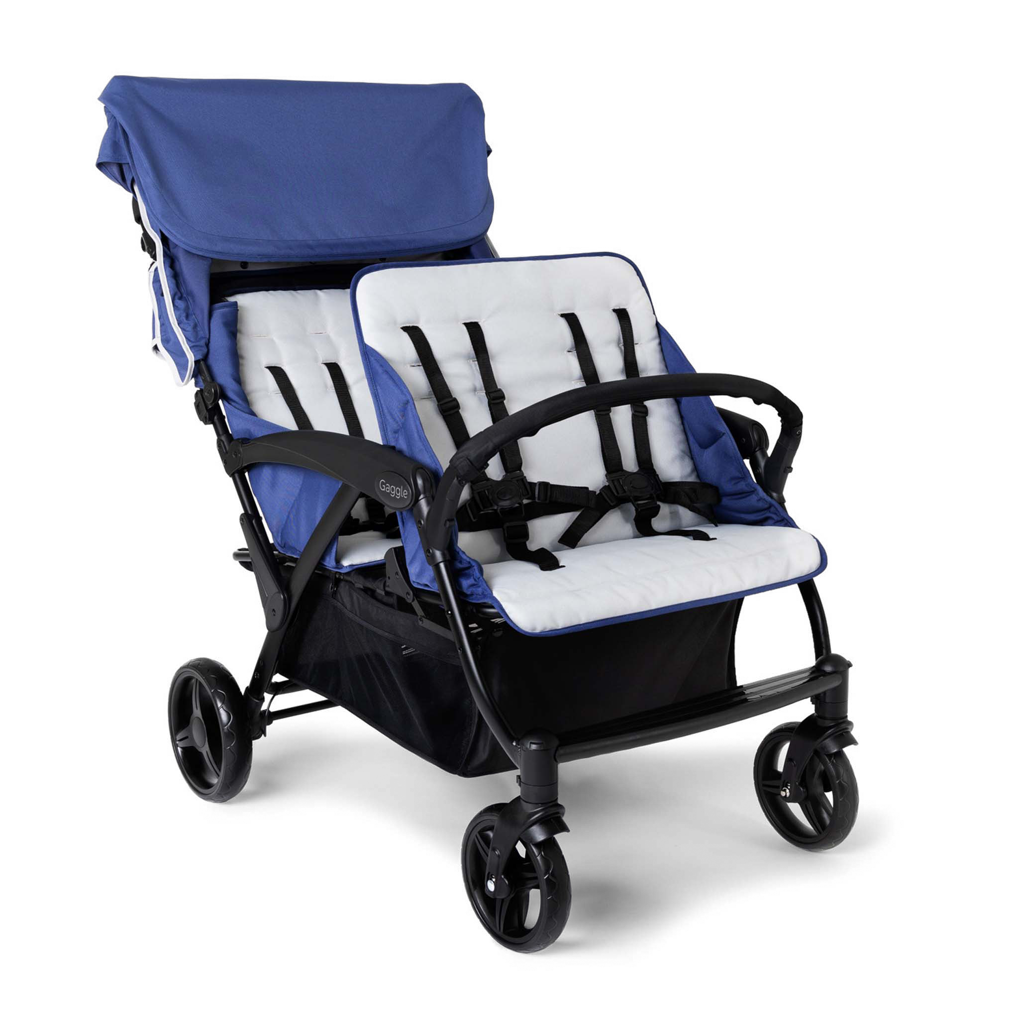 Blue and black stroller with four seats canopy raised