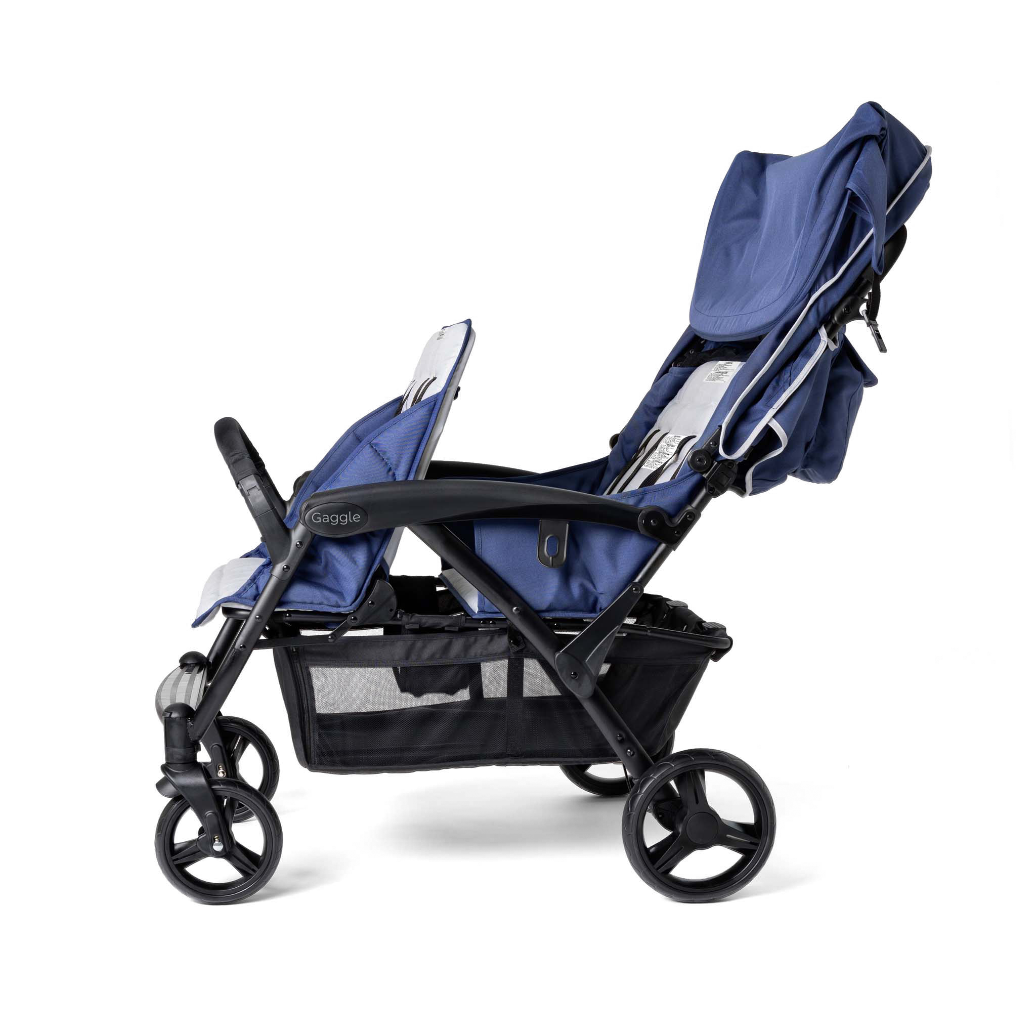 Blue and black quad stroller with canopy up turned to the side