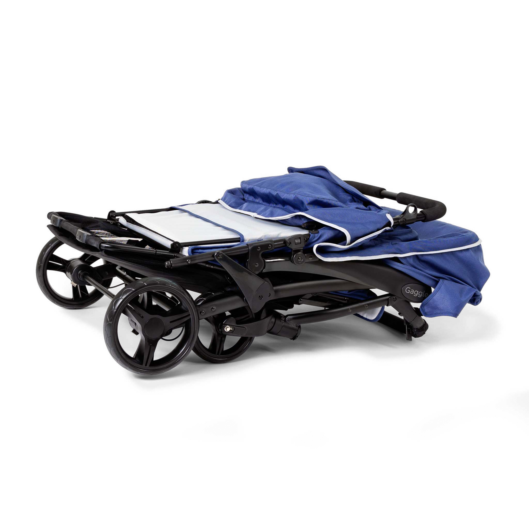Blue and black four seat stroller folded