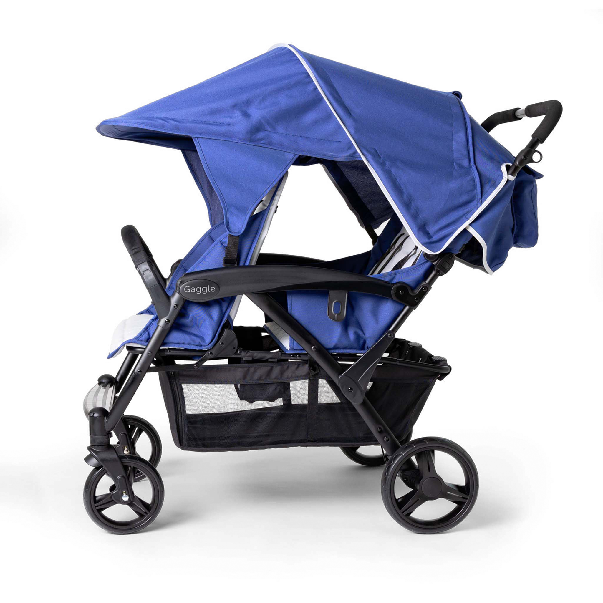 Blue and black stroller side view
