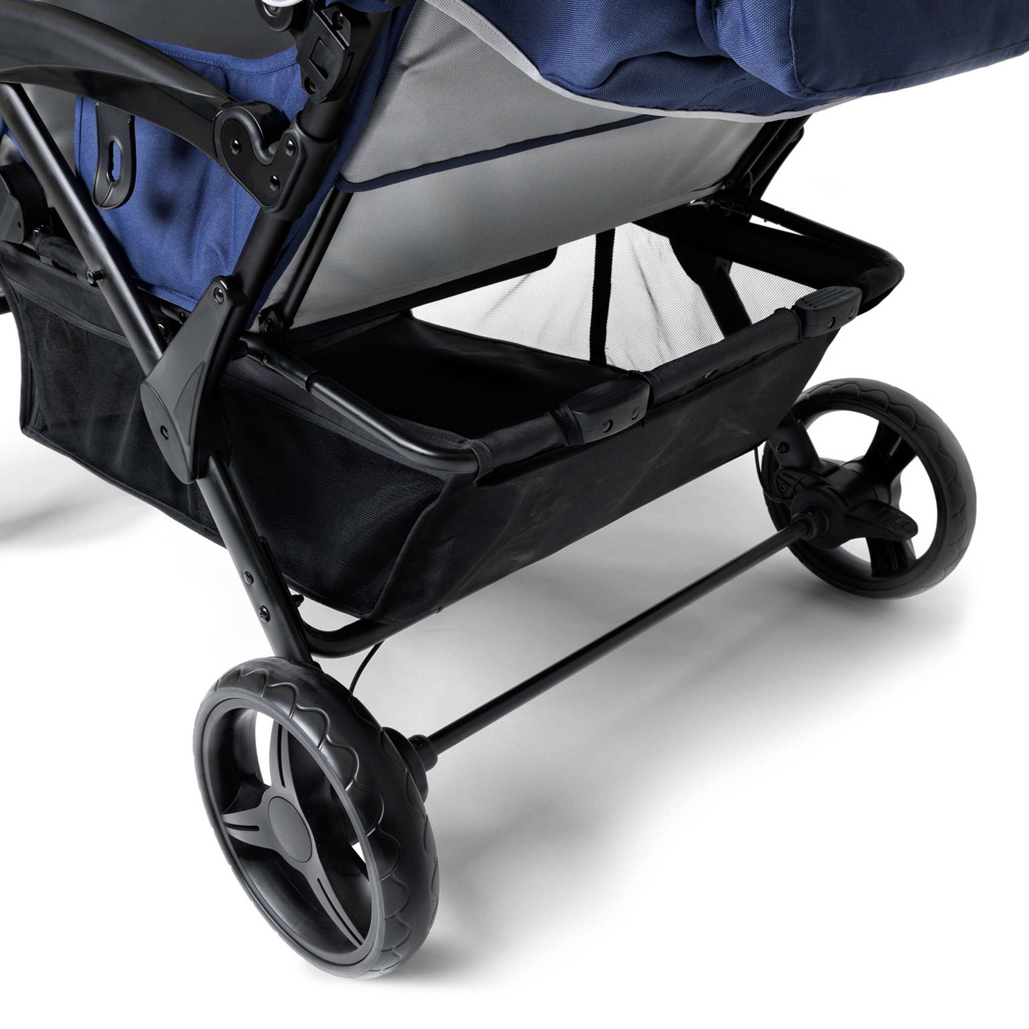 Close-up of a quad stroller storage