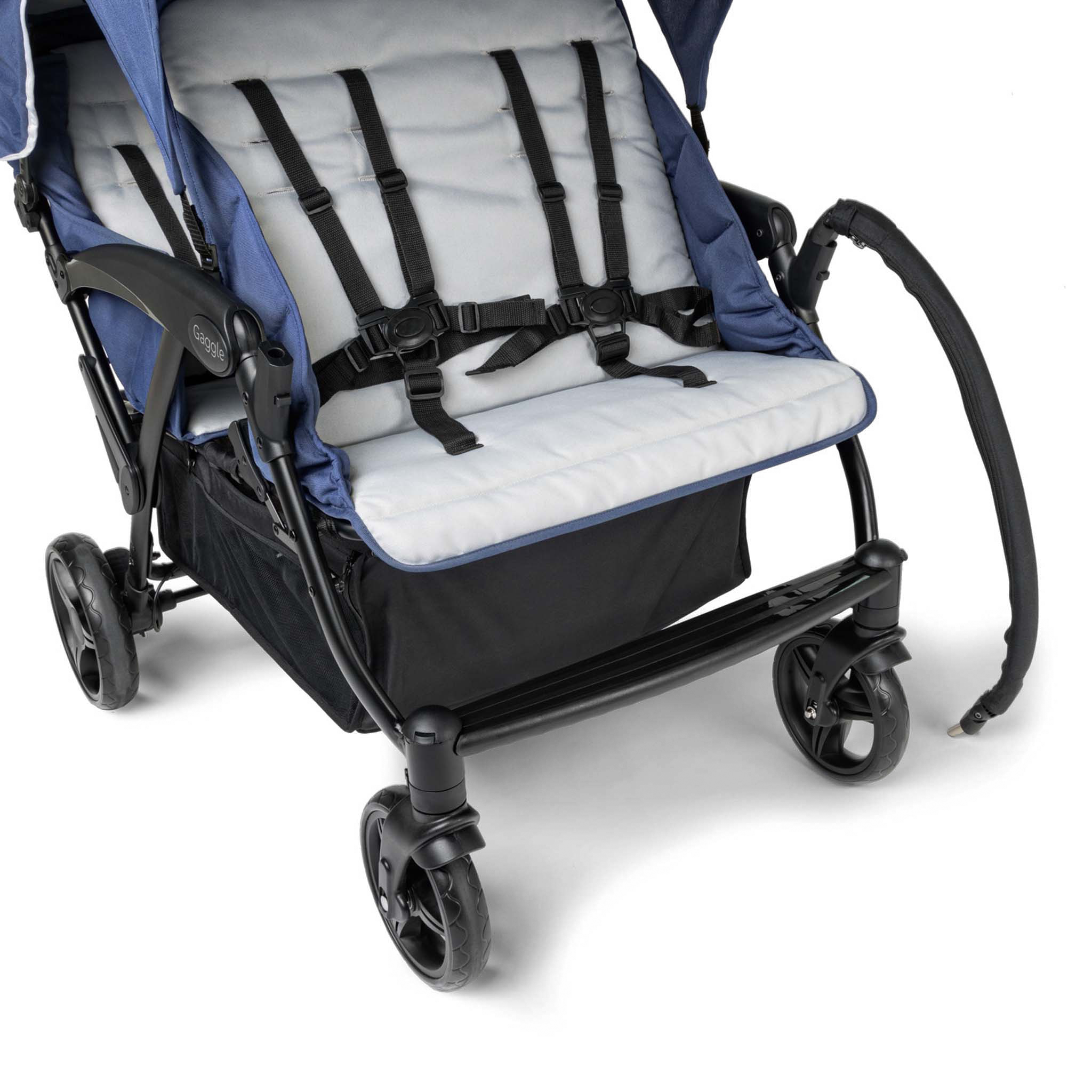 Blue and black quad stroller with gray seats and swivel arm bar