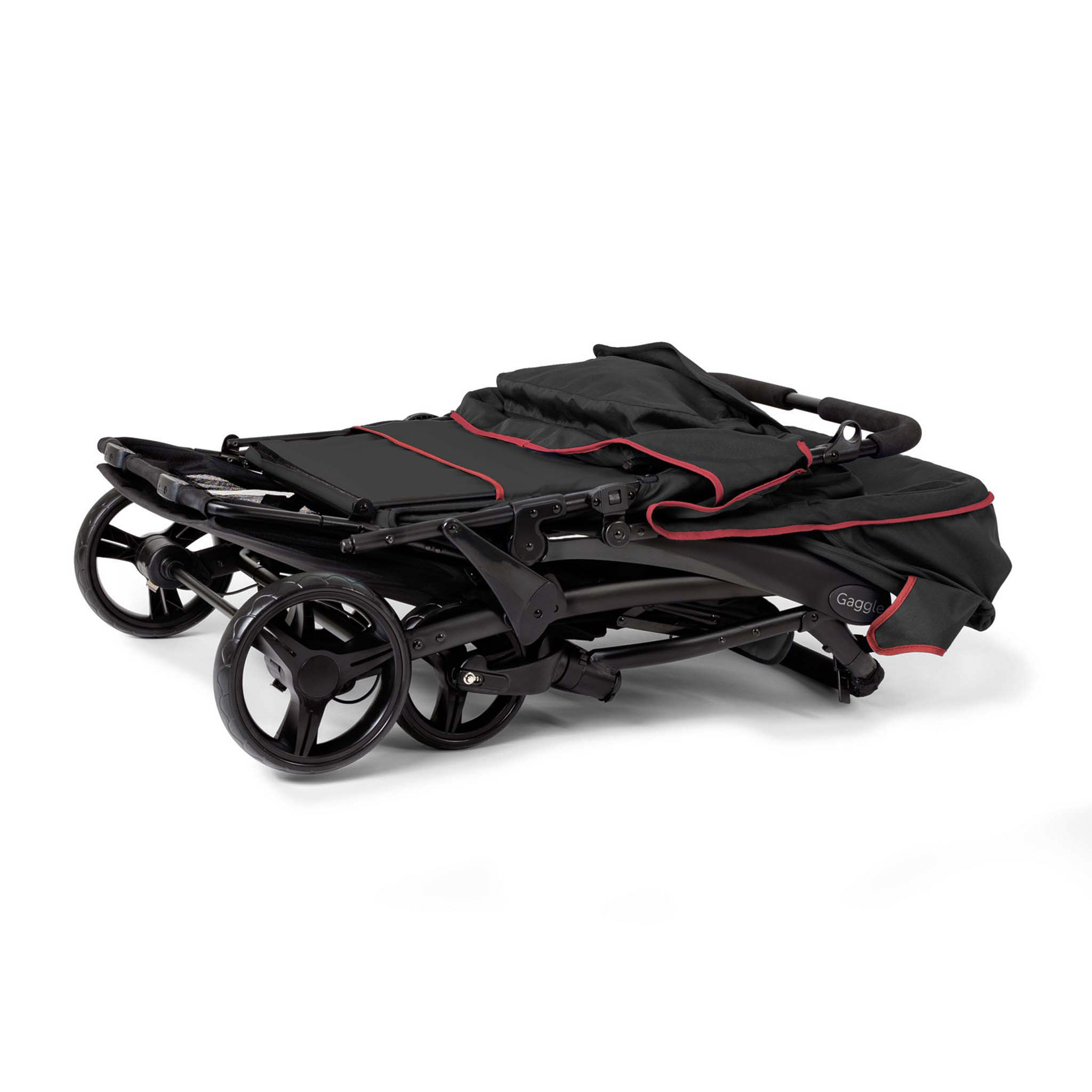 Black and red quad stroller folded