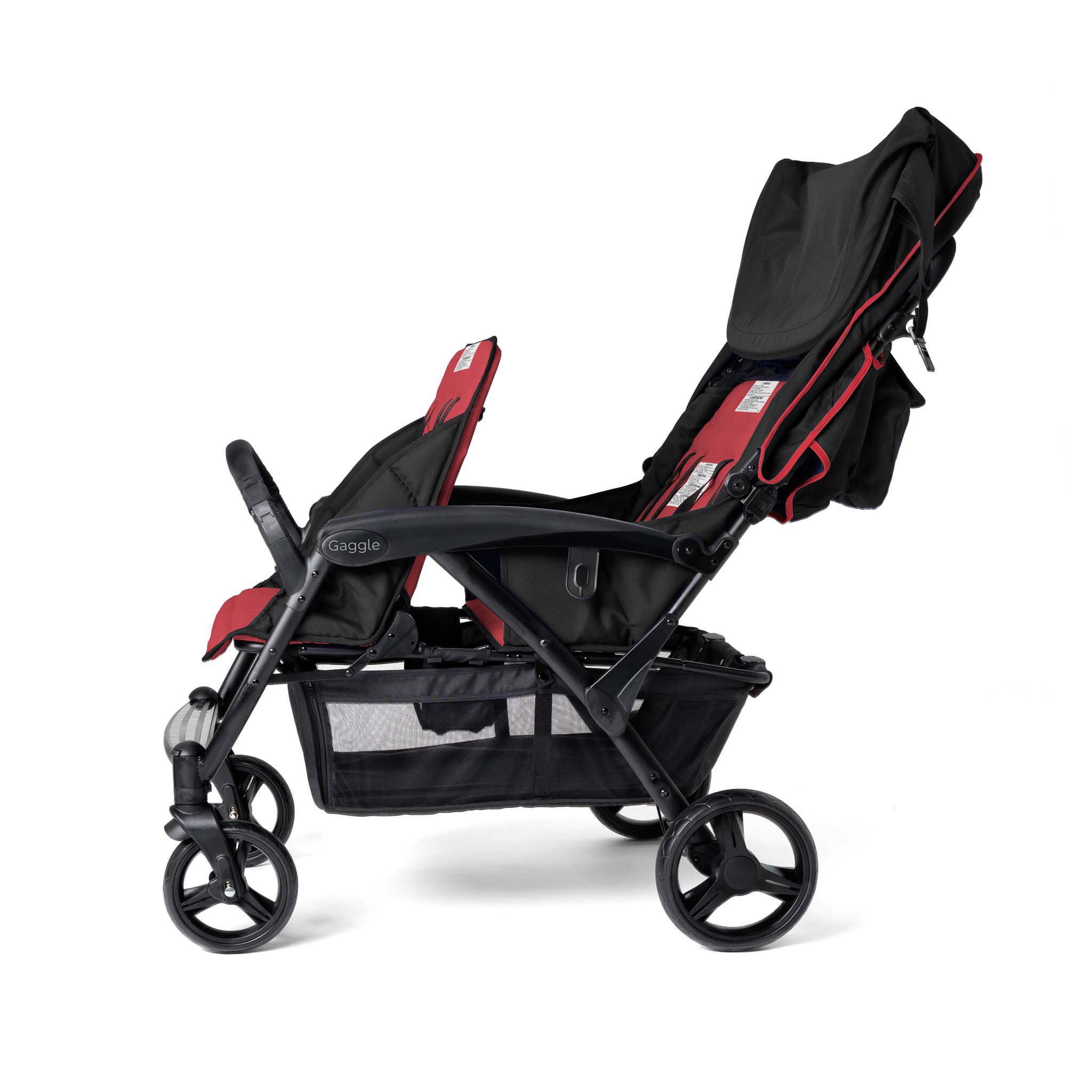 Black and red quad stroller canopy up side view