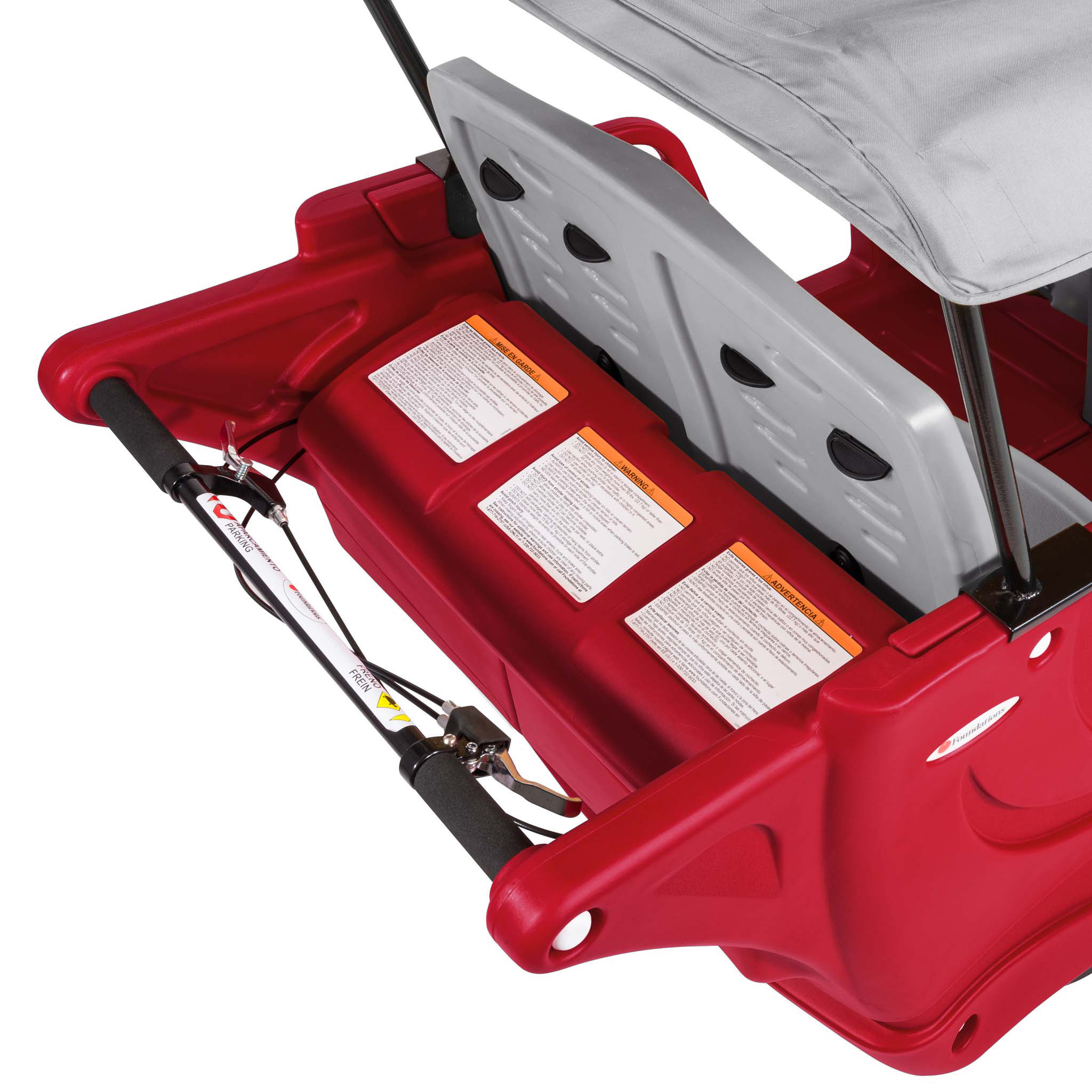 Red and gray six seat buggy storage and handlebar