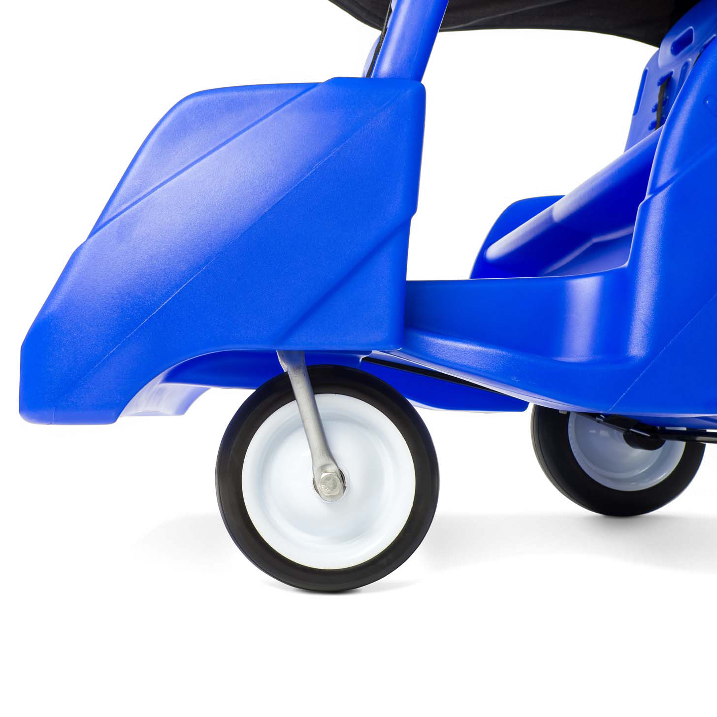 Close-up of a blue vehicle wheel and loading step