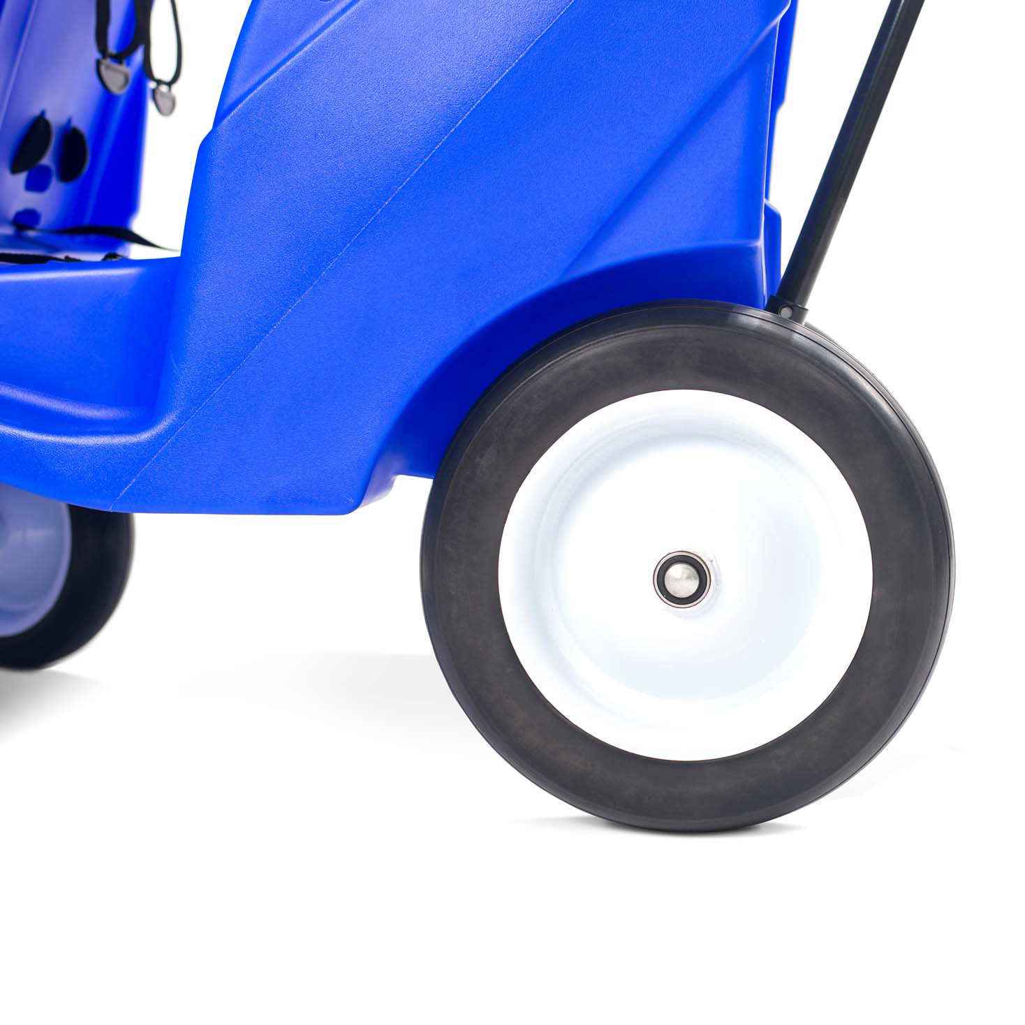 Close-up of a blue four seat vehicle with a black wheel