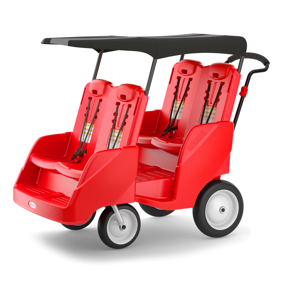 Red four-seater stroller with black canopy 